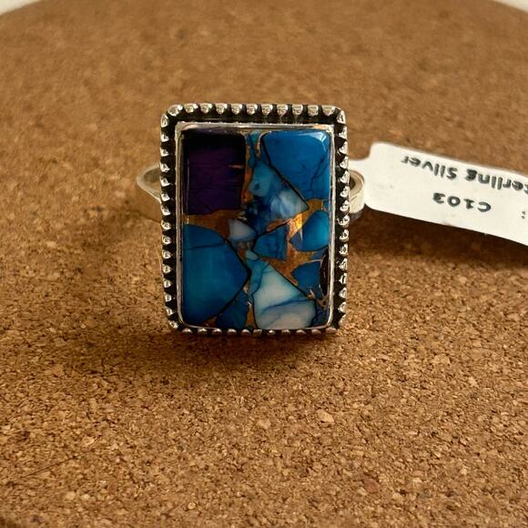 Blue Purple Dahlia Turquoise 925 Sterling Silver Square Ring Size 10 New - Picture 1 of 8